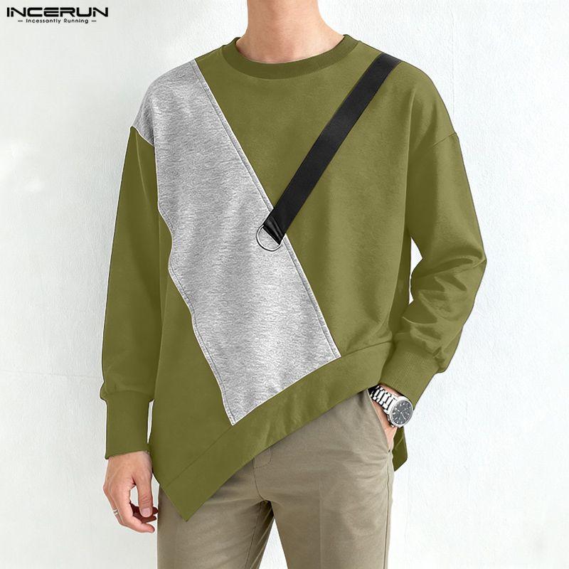 INCERUN T-shirt e Top Casual Larghi da Uomo a Manica Lunga con Patchwork Irregolare e Girocollo