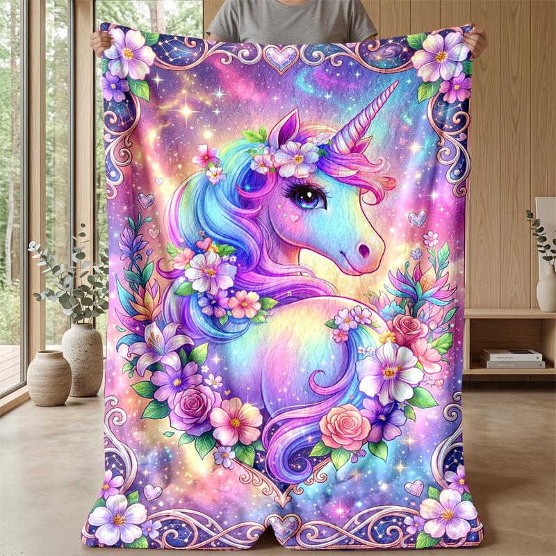 Fantastic Unicorn with Flowers Theme Blanket Lightweight Warm Flannel Blanket Decorative Throw Blanket for Home Decoration