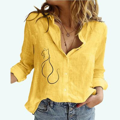Women Fashion Cat Print Shirt Female Lapel Collar Cotton Linen Top Casual Loose Buttoned Long Sleeve Blouses