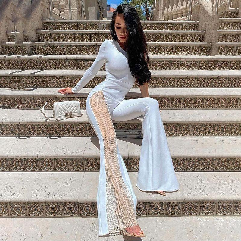 Fashion Women's New Autumn New Fashion Pure Color One Shoulder Mesh Patchwork Skinny Leg Sexy Siamese Pants Jumpsuits