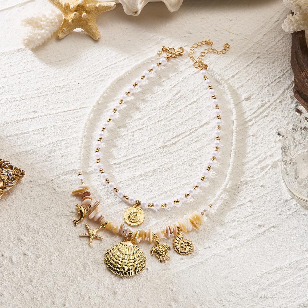 Boho Dolphin Imitation Pearl Starfish Layered Necklace Set for Women Mermaidcore Shell Beaded Chain Summer Party Jewelry Gift