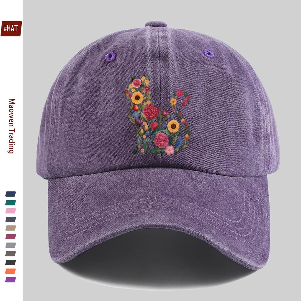 pc Women Cat Flower Trucker Hat Adjustable Buckle Strap Lightweight Cap with Kitten Botanical Print Suitable for Outdoo