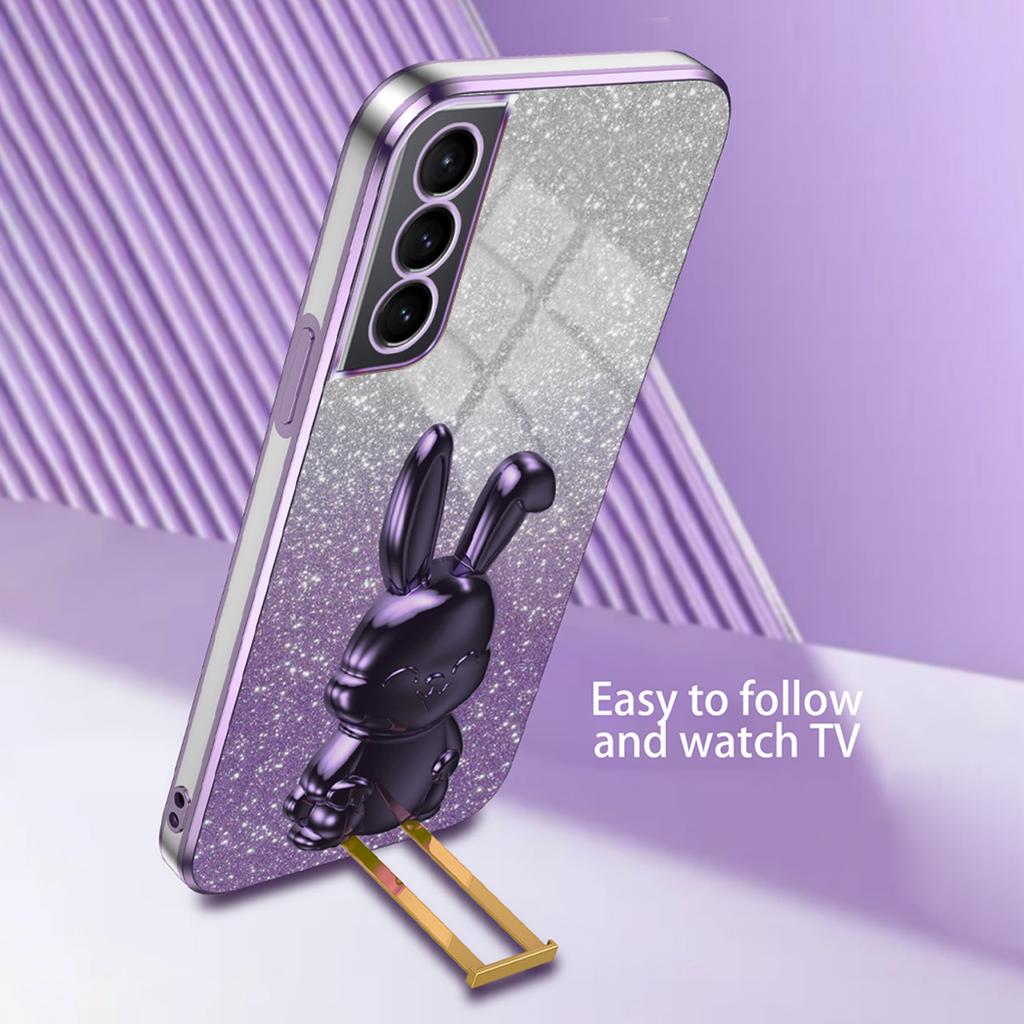 For Samsung Galaxy S21 FE 5G Cell Phone Case Glitter Cartoon Rabbit Cover with Kickstand