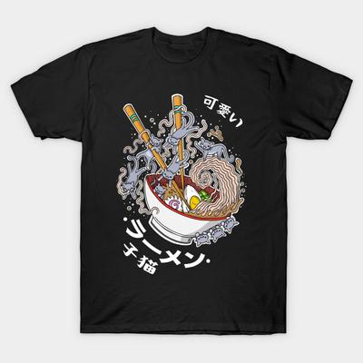 Men Black Print T-shirt Ramen Cats No-Cut Transfer Paper Print Cotton Tshirt
