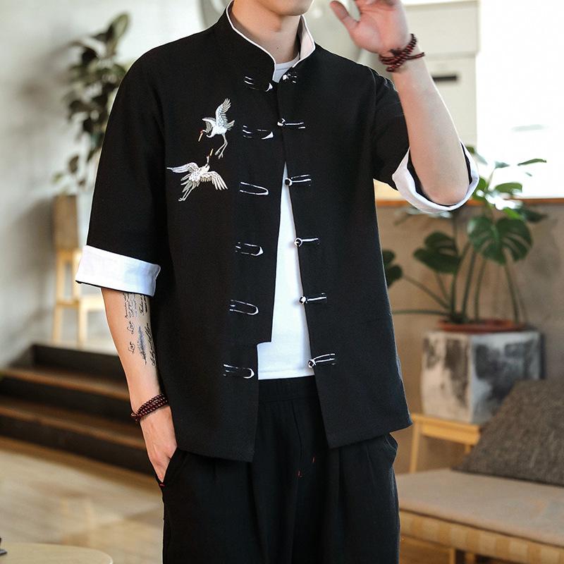 Spring/Summer 2020 Men's Cotton Linen Embroidered Seven-Sleeve Shirt with Frog Buttons - Retro Hanfu Style