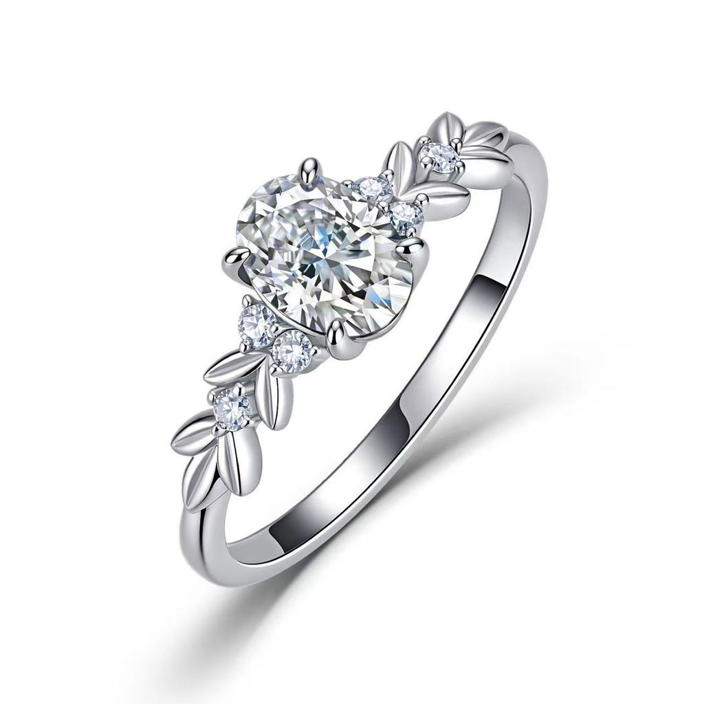 925 Silver Egg Moissanite Ring Ins Style Leaf Pattern Elegant Proposal & Couple Finger Jewelry