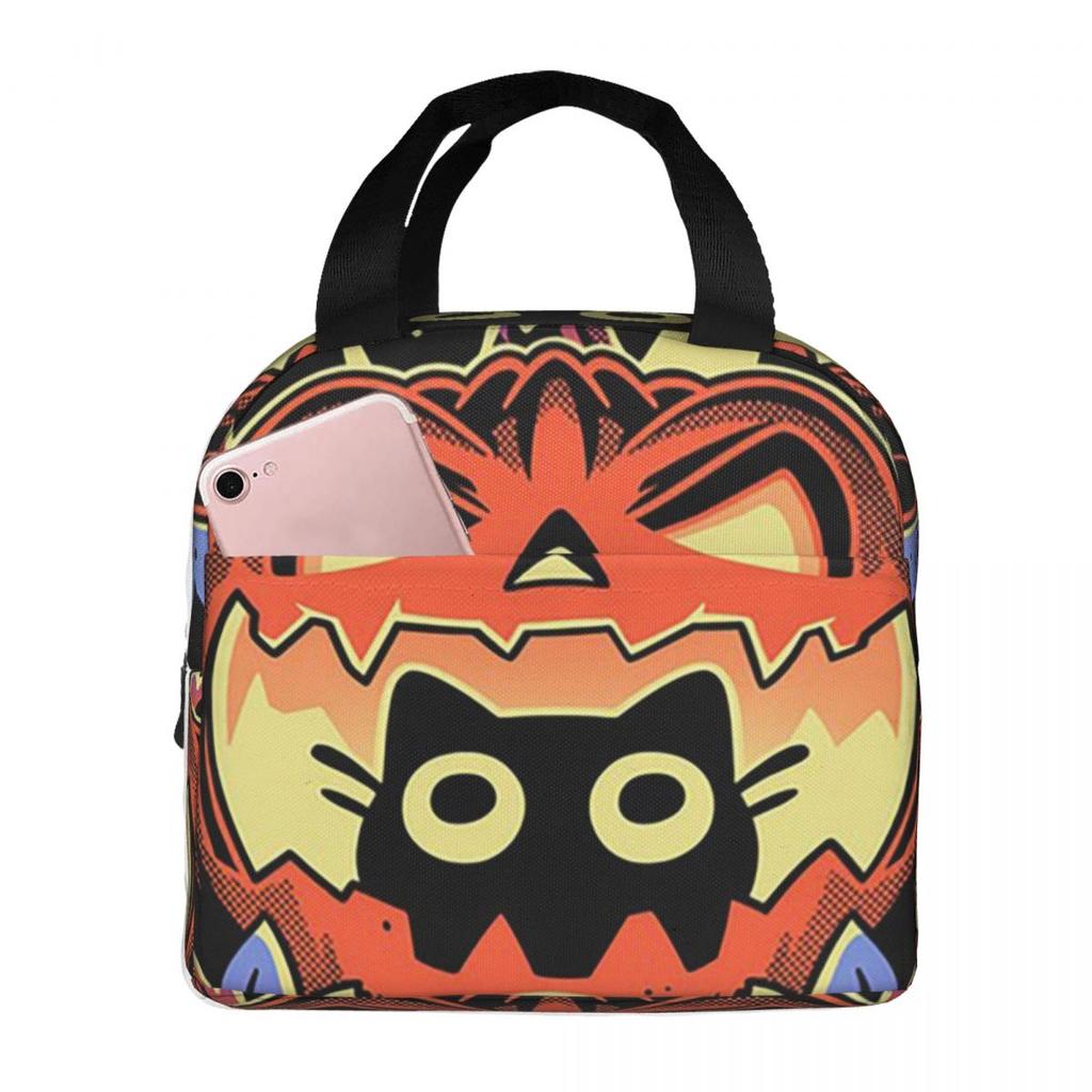Cartoon Black Cat And Pumpkin Halloween Insulated Lunch Bag for Women Children Leakproof Food Boxes Thermal Lunch Box Tote