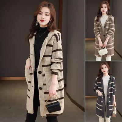 Frauen Stricken Mantel Mit Kapuze Langarm Streifen Druck Pullover Mantel mit Taschen Lose