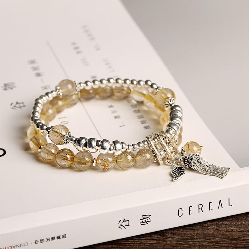 Womens Natural Rutilated Quartz Bracelet With Sterling Tassel Vintage Bohemian Layered Double Wrap Design