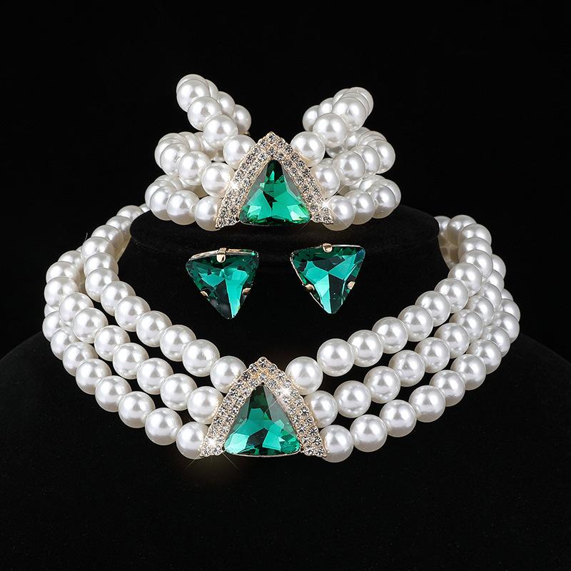 Geometric Crystal Multilayer Imitation Pearl Necklace Necklace Bracelet Stud Earrings Set Bridal Crystal Jewelry Women