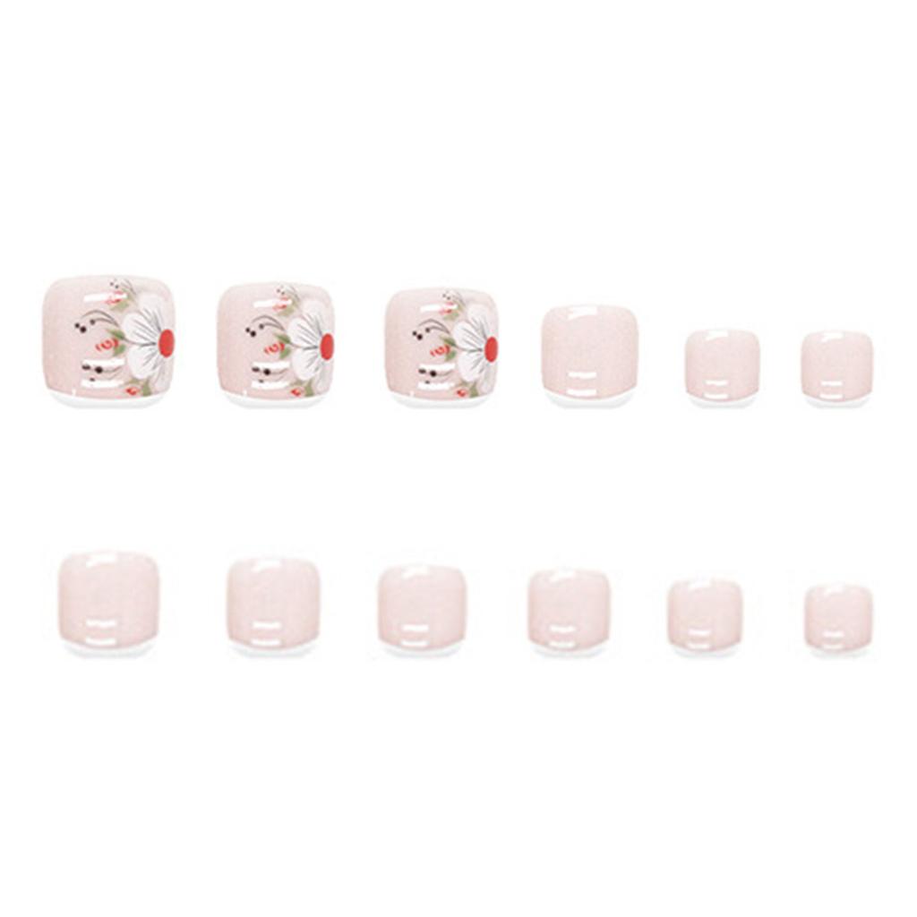 Spring Square Fake Toenails Simple White Gel Toe Nails Tips with Rich Flower for Women and Girls 24Pcs