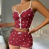 2 Pcs/Set Women Vest Shorts Suit Bow Heart Print Sleeveless Shirring Top High Waist Short Trousers Homewear Loungewear Outfit Summer Sleepwear