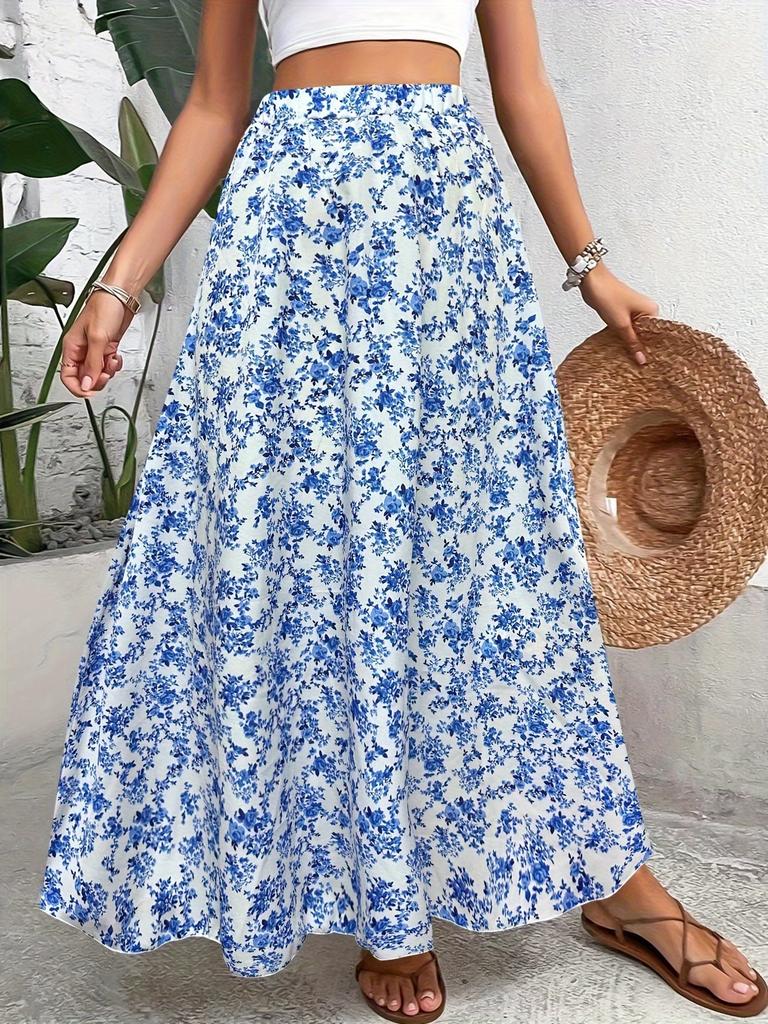 Women's Ditsy Floral Elastic High Waist Flowy a Line Maxi Skirt Casual Summer Beach Long Sundress Bottom
