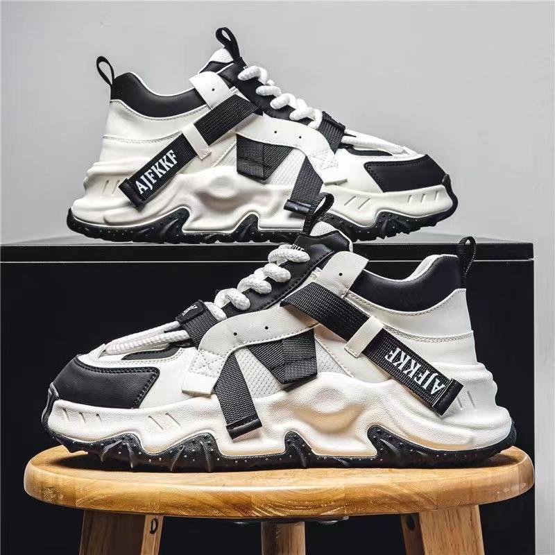 Fashion Chunky Sneakers Men Soft Sole Running Shoes Fashion Casual Leather Color Block Design Breathable Height Increased Platform Shoes