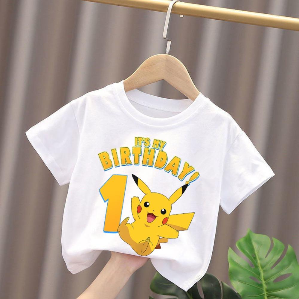 Pikachu Pokemons Birthday Clothes Short Sleeve Number T-Shirt Boy Girl Top Summer White Cartoon Infant Tees Child Anime Clothing 110