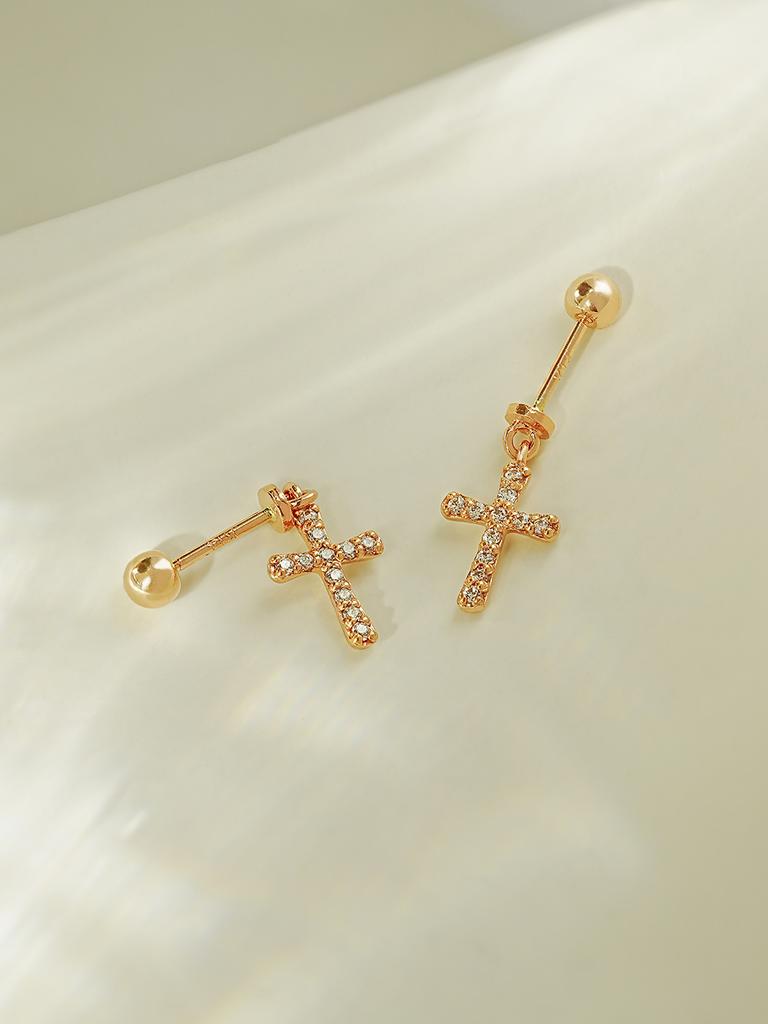 Minimalpiercing 14K Modern Cubic Cross Drop Piercing Earrings