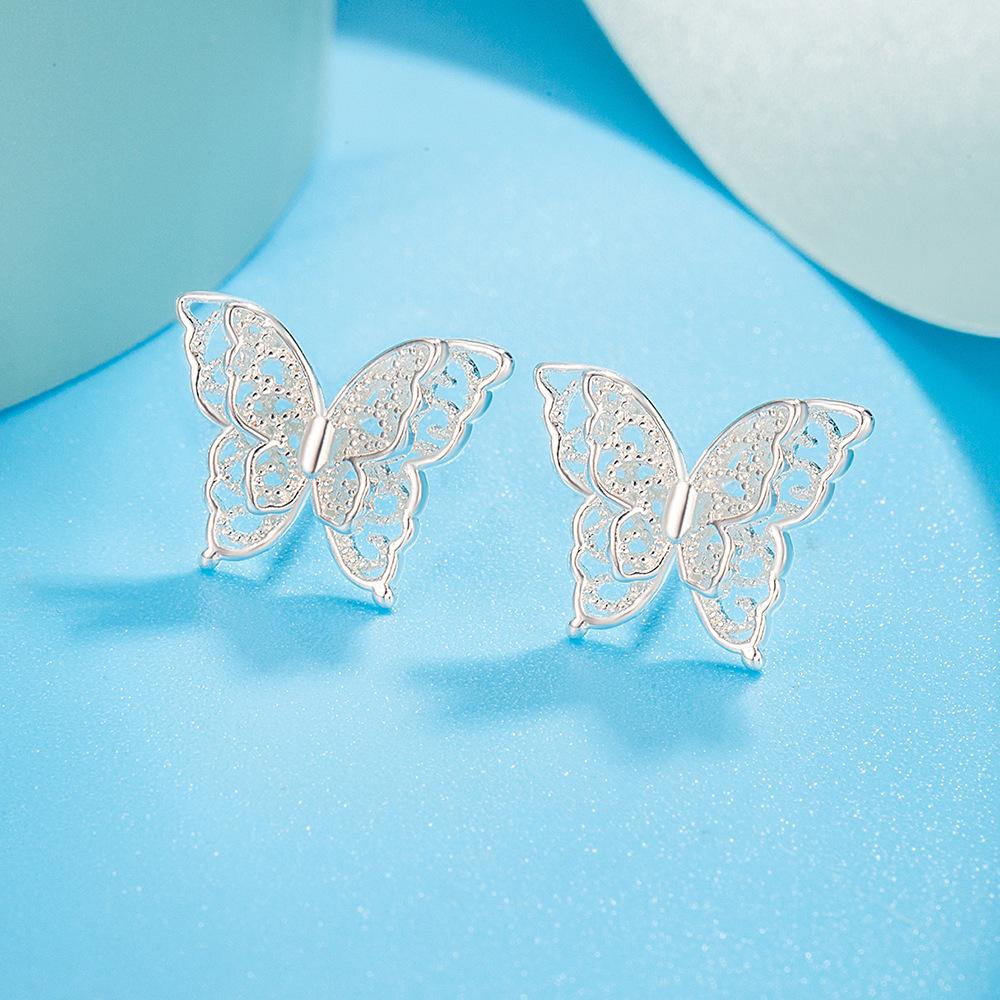 

925 Sterling Silver Earrings Double Butterfly Hollow Earrings Women Fashion Simple Birthday Wedding Anniversary Jewelry Gift
