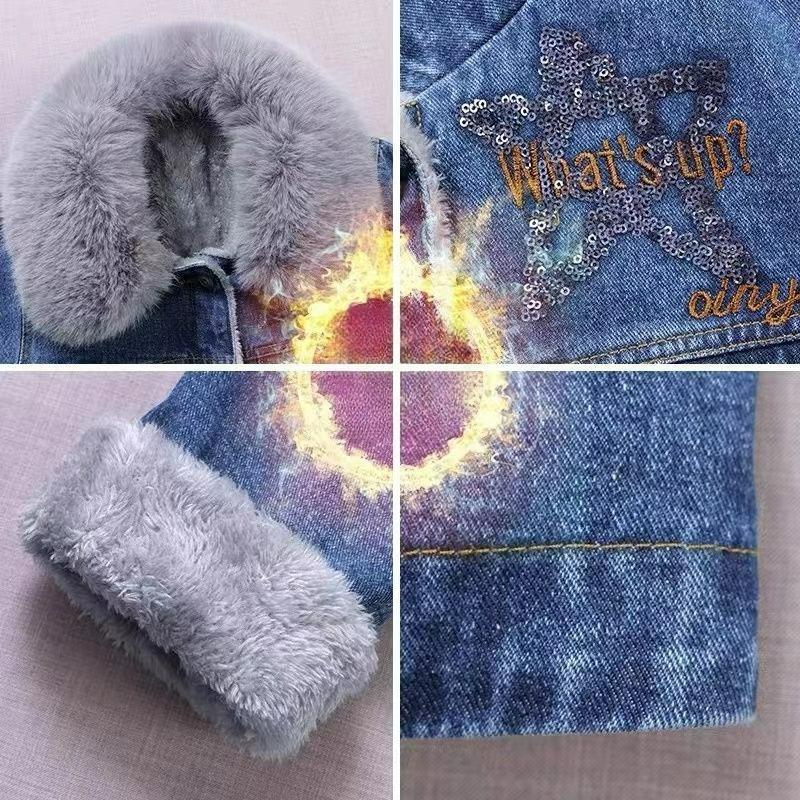 Denim Plus Velvet Jacket Women's Winter Big Fur Collar Mid-length Lamb Fleece Stitching Cotton-padded Jacket Thick Cotton-padded Jacket Women