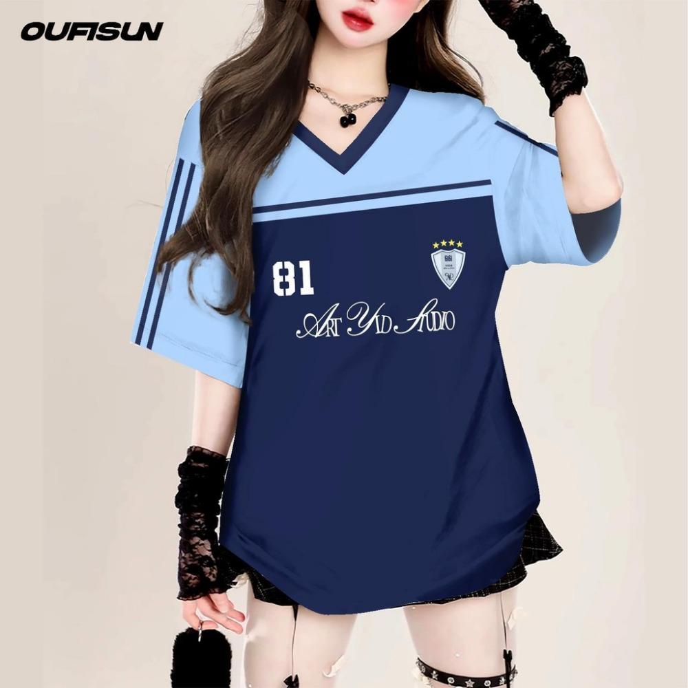 Pink Jersey T-shirt Girls V-neck T-shirt Oversize Women's Shirt Short-sleeved Summer Casual Printed Trendy Brand Fashion Streetwear Tops