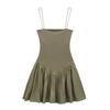 Pleated Patchwork Halter Mini Dress Retro Thin Shoulder Strap Square Collar Dress