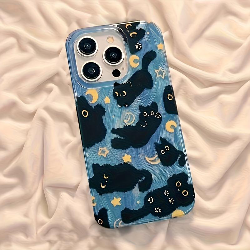 Fashion Star Moon Black Cat Feather Yarn Full Coverage Phone Case, Shockproof & Drop-Proof, Stylish All-Season Protective Case, Ideal Gift