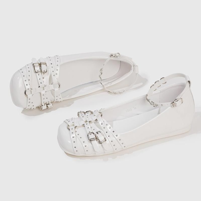 

Fashion Fashion Metal Rivets Buckle Mary Jane Flats Women Punk Style Brand Designer Shoe High Quality Patent Leather Ankle Lace Up Flats 35 белый