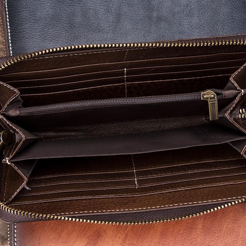 New Vintage Men's Wallet, Long Zipper, Genuine Leather Handbag, Cowhide Men's Leather Wallet