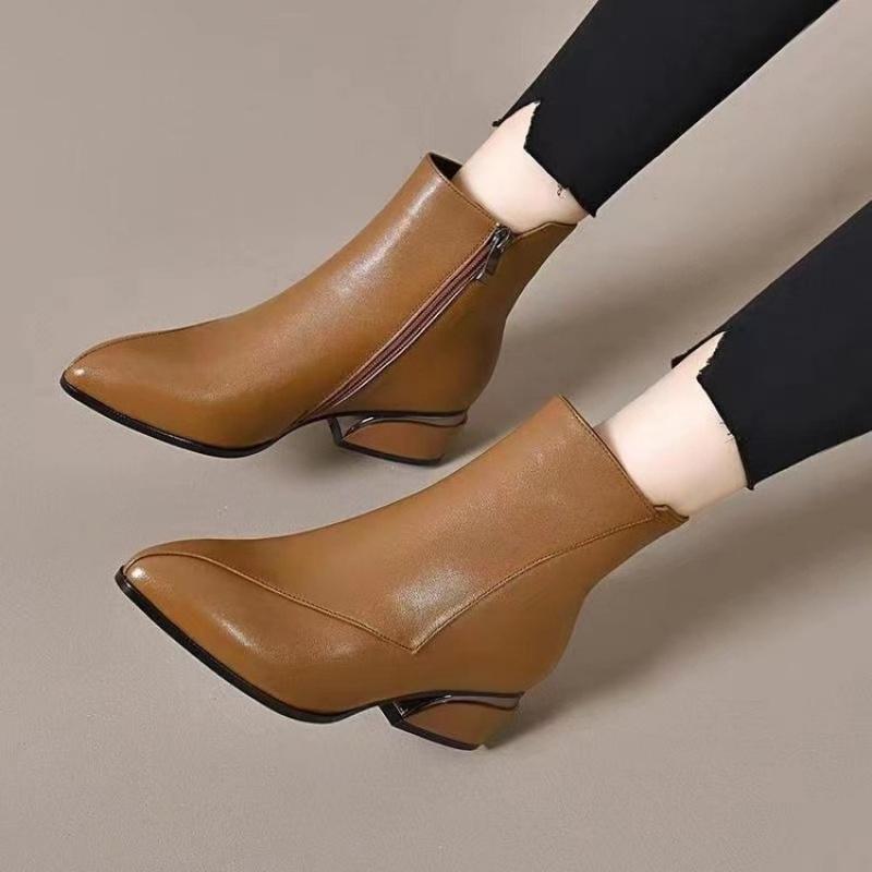 Winter New Women's French Style Ankle Boots - Pointed Toe Side Zip Low Heel Soft Leather Booties Retro Comfortable  Shoes
