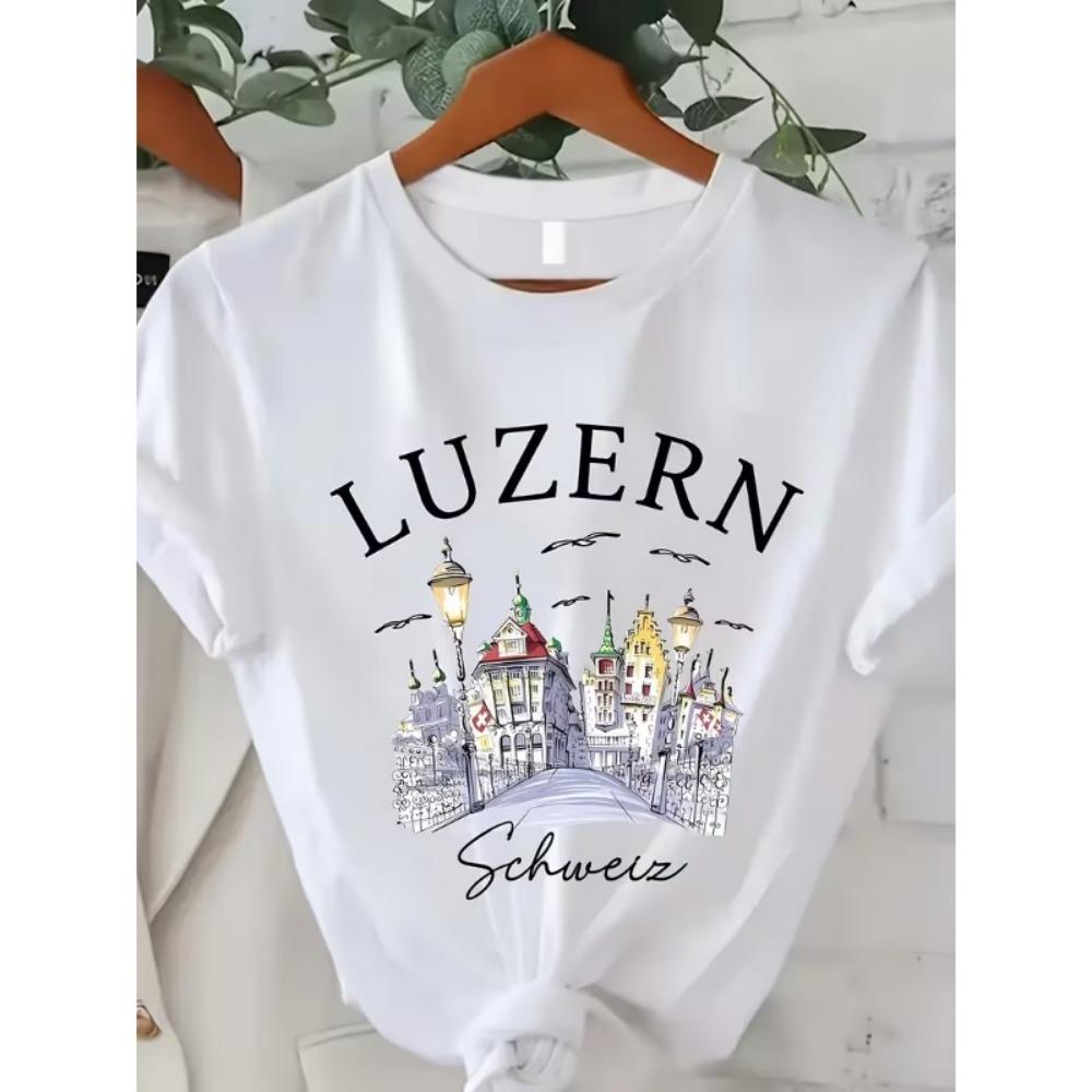 Cityscape Graphic T-Shirt Women’s Crew Neck Short Sleeve Switzerland Travel Print Soft Comfortable Top for Travel Wear