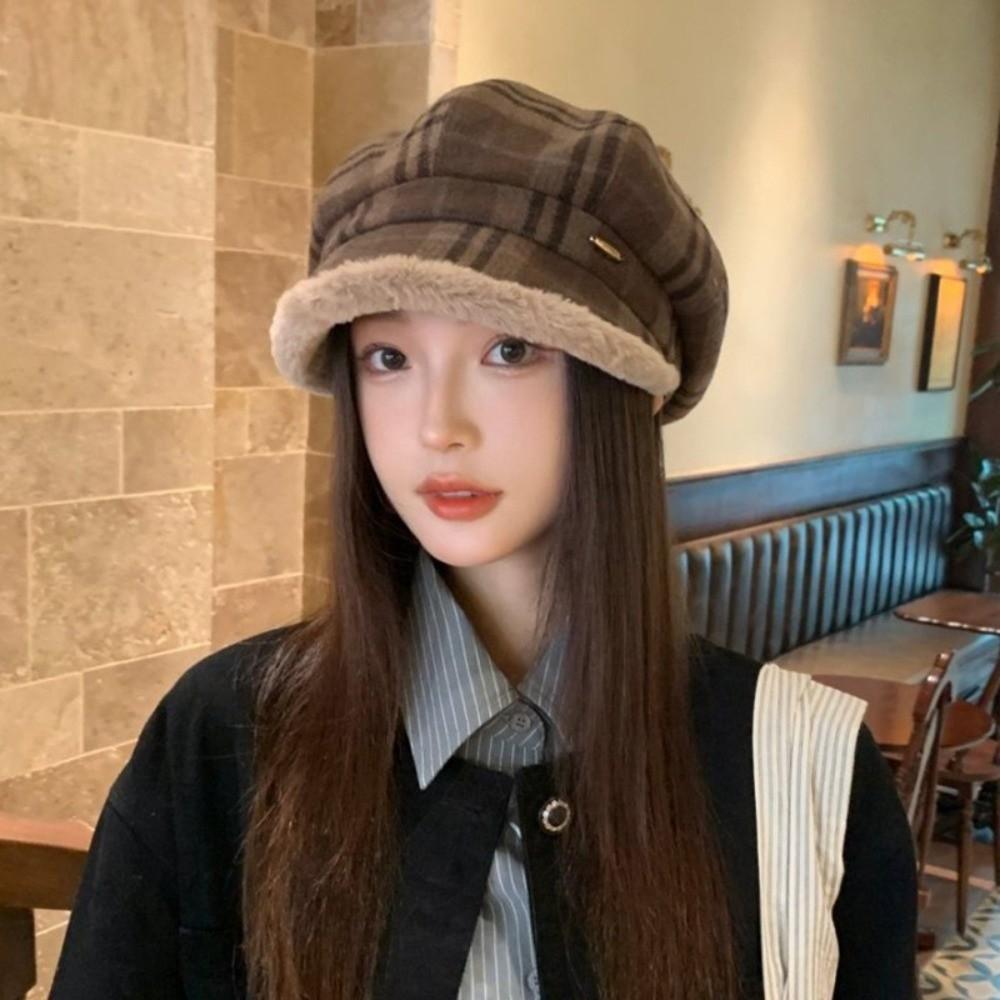 Korean Style Plaid Plush Beret Keep Warm Fisherman Hat Retro Winter Painter Hat Autumn And Winter