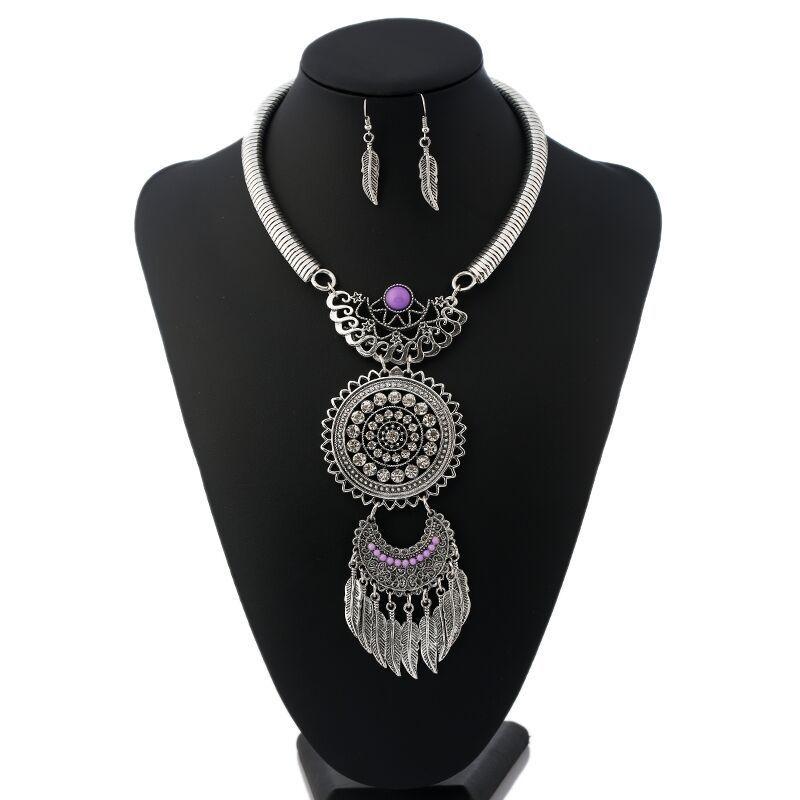 Vintage Geometric Alloy Necklace With Gemstone Leaf Tassel For Women