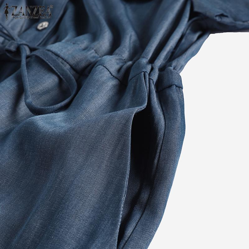 ZANZEA Women Retro Casual Blue Denim Short Sleeve V-neck Midi Dress