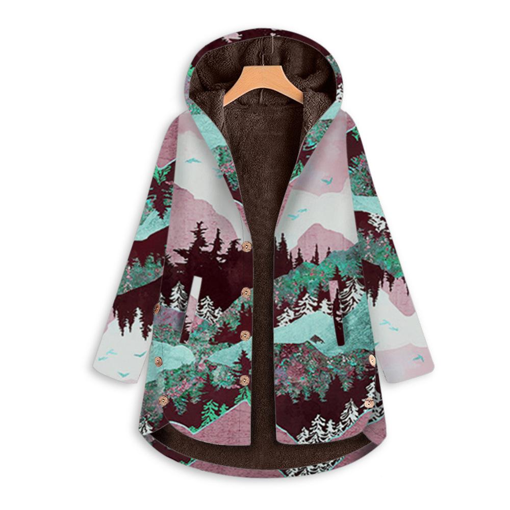 Hooded Jackets for Women Casual Cotton Linen Warm Vest Jackets Tops Vintage Floral Print Plus Velvet Hoodies Outwear