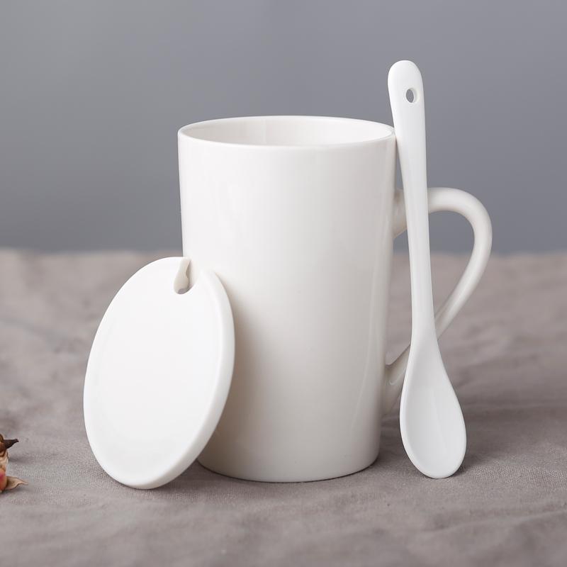 White Household Ceramic Cup Set 350ml Nordic Women New Simple Handle Couple Tea Mugs with Scoop and Lid Solid Office Coffee Cup