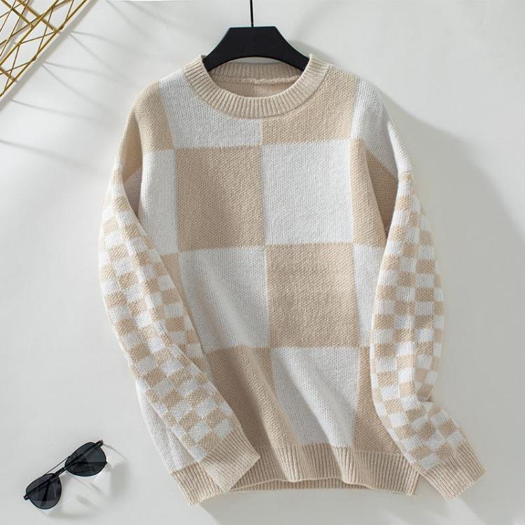 

Vintage O Neck Long Sleeve Loose Knitwear Cardigan Sweater Top for Autumn Winter Grid Pattern XL хаки