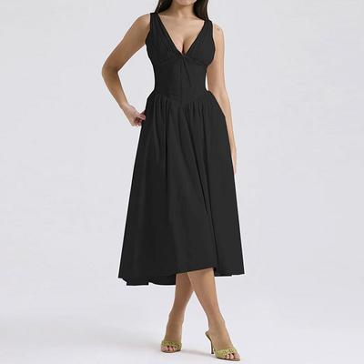 Women's Fashion Summer Spring Solid Color Print Sleeveless V-Neck High Waist Casual Dresses