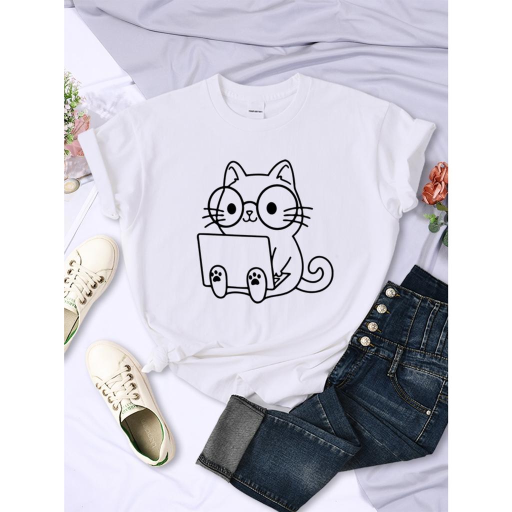 Cat Pattern Printing Women's T-shirt Personality Trend Casual Clothing Street Creative Tops Daily Fashion