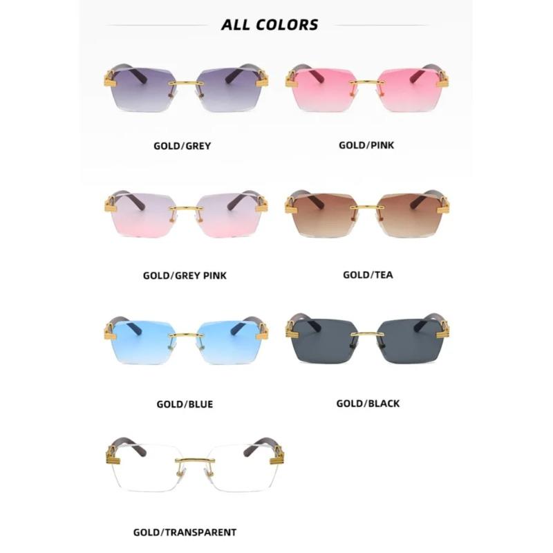 Men Luxury Rimless Sunglasses Rectangle Anti UV400 Lens with Wooden Grain Leg Unisex Women Retro Shades Lentes Hombre