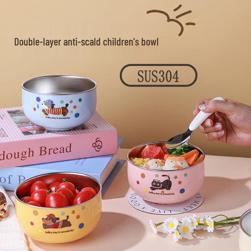 304 Stainless Steel Cartoon Baby Bowl: Double-Layer, Heat-Insulated, Anti-Scalding for Children