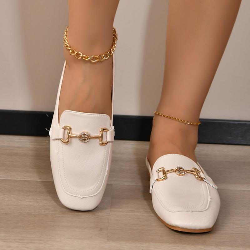 Baotou Half Slippers Women Shoe British Style Fashion Metal Buckle Decorate Med Heel Casual Slides Spring Summer Lazy Slipper