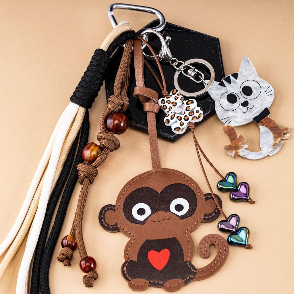 Retro Maillard Monkey Pendant Woven Rope Keychain Cartoon Bag Charm