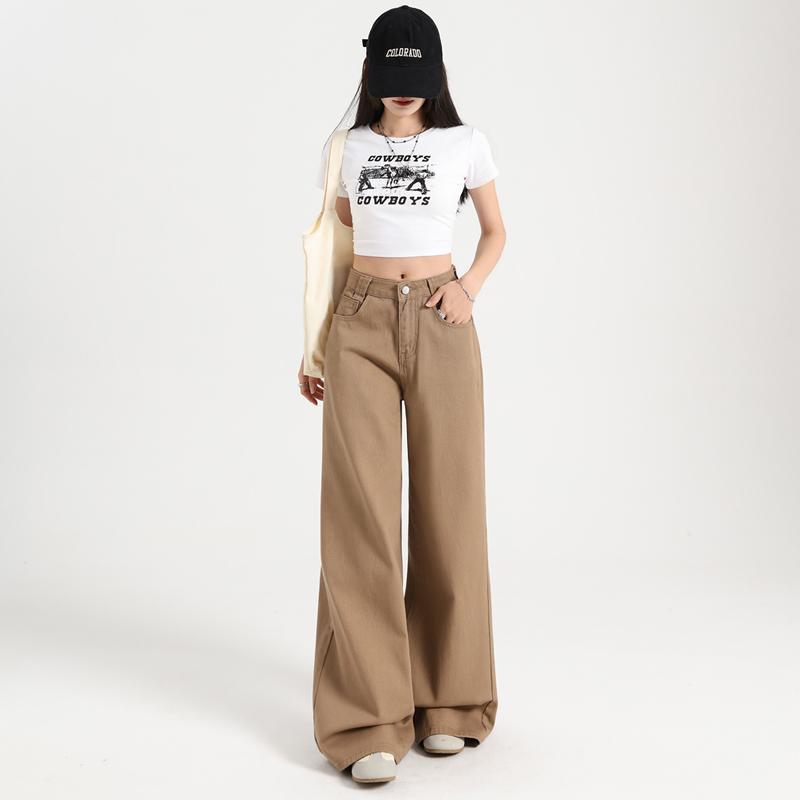 Khaki Wide Legs Denim Jeans Women Casual Versatile Straight Solid Classic Straight Jeans Ladies Clothing Suppliers