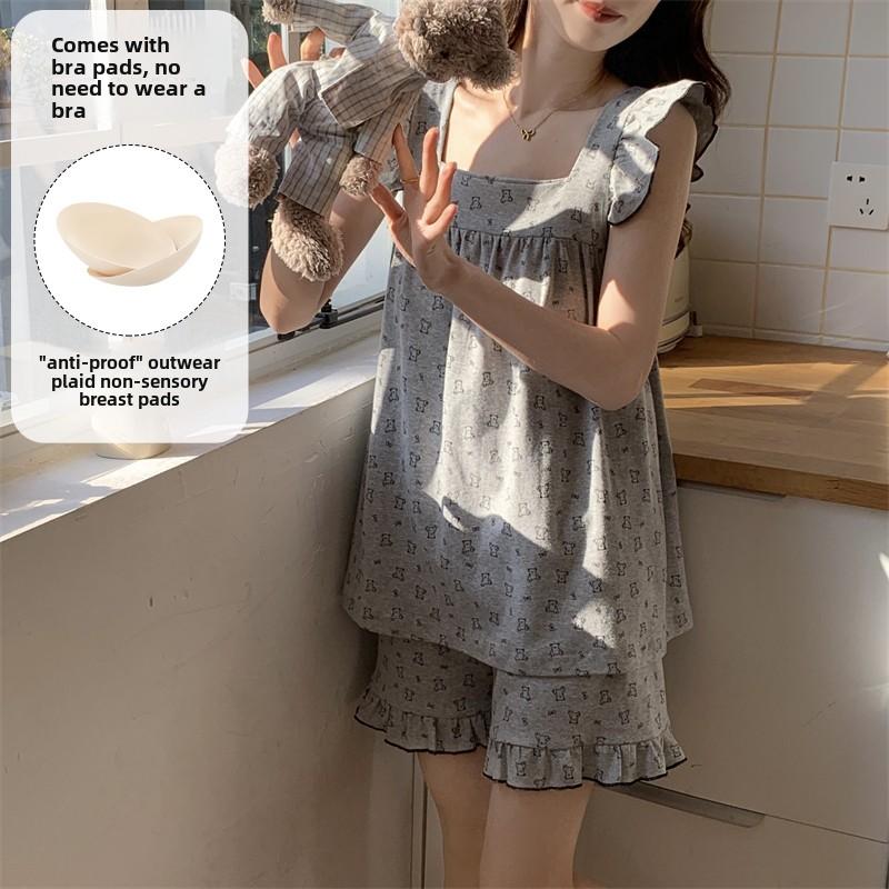 Summer cartoon Pajamas Set with Chest Pad for Women Homewear Sexy loose tank Tops and Shorts 2 Pieces set Pyjamas girl Sleepwear