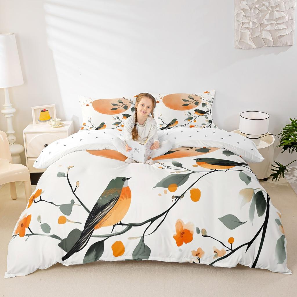 Homewish Modern Minimalist Duvet Cover Set, Chic Bird Bedding Set, Botanical Leaves Quilt Cover Set, Bedroom Decor