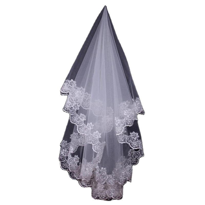 European & American 1.5m Lace Edge Bridal Veil with Extended Train, Floor-Length Wedding Veil.