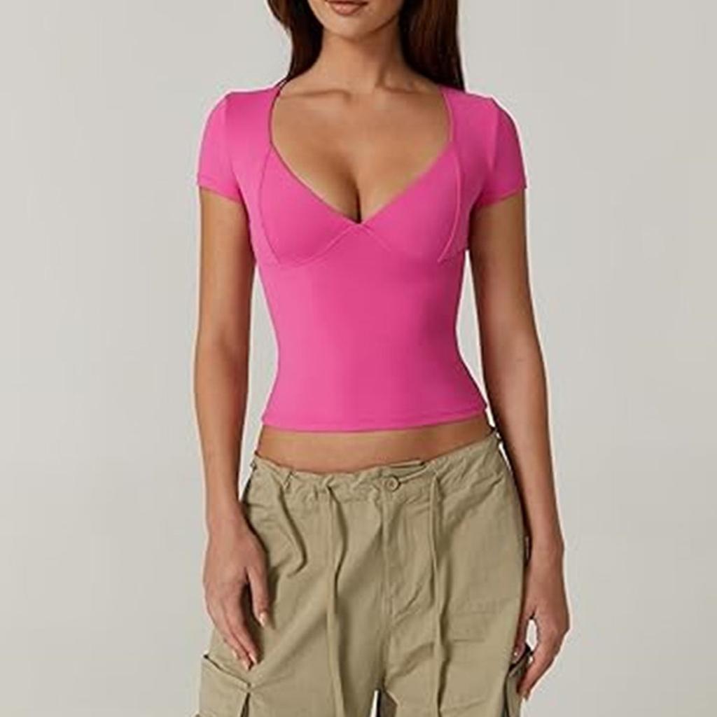Women's Top Slim Fitting T-Shirt V-Neck Top With Bottom Short Sleeved Sexy Solor Top T-shirt