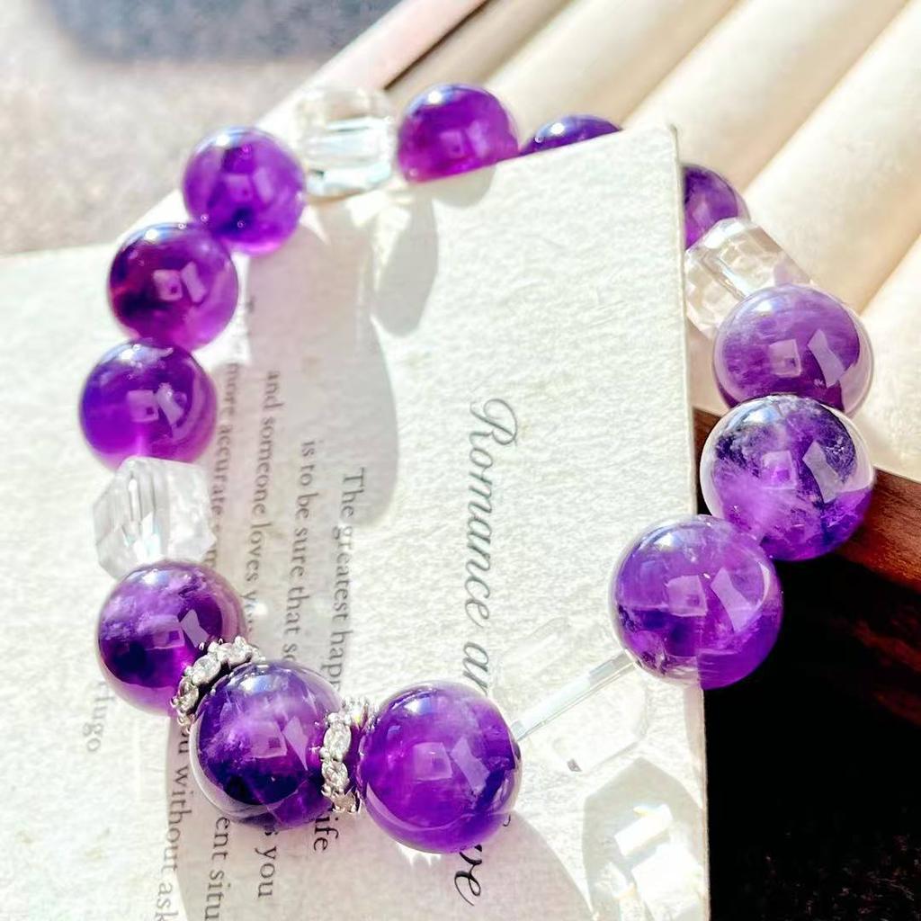 Retro Hoge Kwaliteit Natuurlijk Grote Deeltjes 12 mm Amethist Witte Kristal Armband Armband.