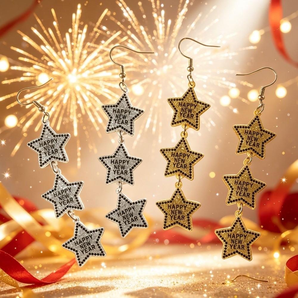 Elegant Happy New Year Earrings Acrylic Glitter Long Drop Earrings Xmas Stud Earrings Birthday