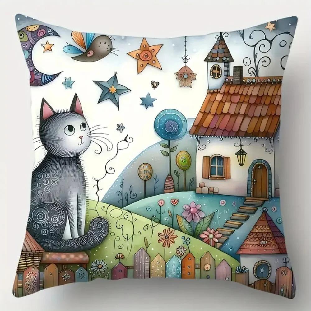 Home Decor Cute Cats Themed Pillow Covers Pattern Cushion Cover Suitable For Sofa Bedroom Car Pillow Cover