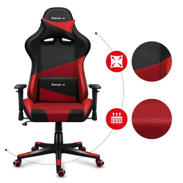 Chaise Gaming - HUZARO - Force 6.2 Rouge Tissu - Ergonomique - Coussin Lombaire Têtière - Réglable - Pivotant
